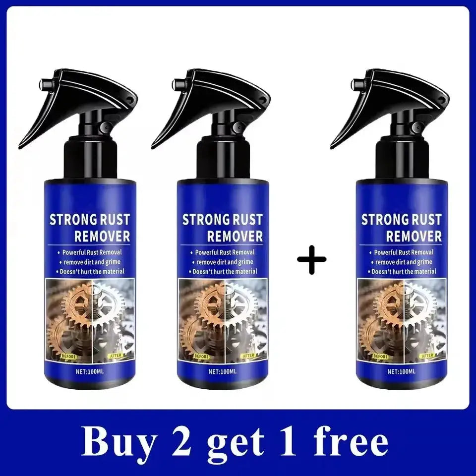 Strong rust remover spray trio: blue 100ml bottles with trigger sprayers for automotive rust removal