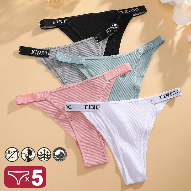 5-pack Finetoo women's cotton low-waist briefs in black, gray, mint green, pink, and white
