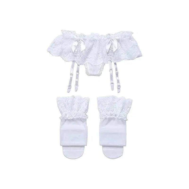 LaceLuxe Women Lace Garter Belt And Stockings Set With Jacquard Suspenders And Satin Bow Mesh Hosiery