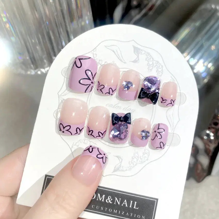 LuxeNail Blush Pink False Nails Bowknot Diamond Pearl Design Press On Nail Tips Harmless Smooth Edge Safe DIY Mani