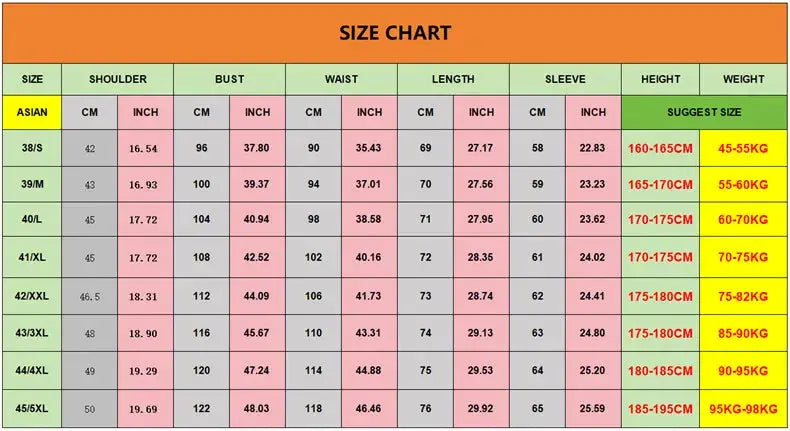 Men's dress shirt size chart by Simples Market showing Asian sizes from 38/S to 45/5XL.