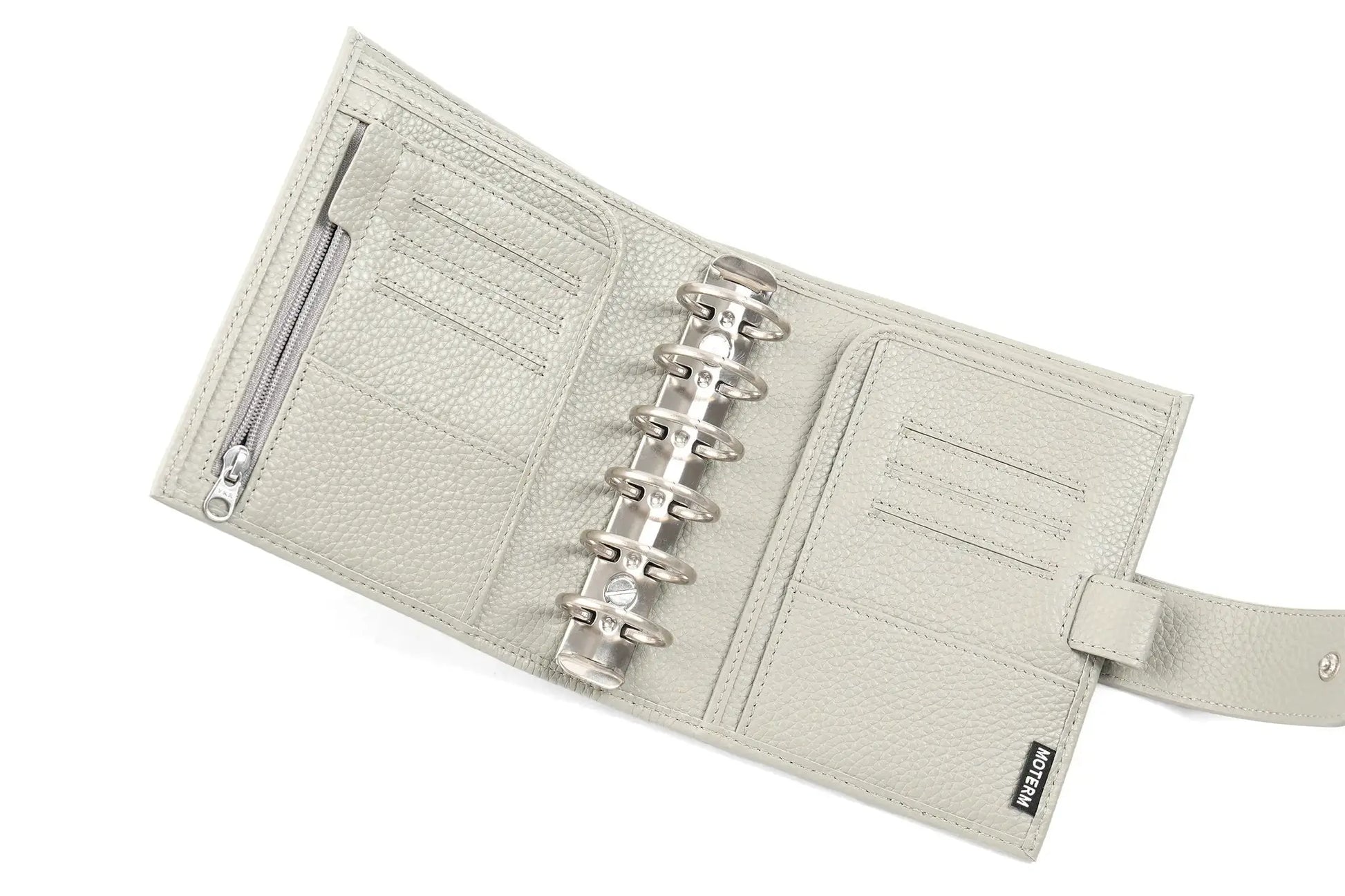 Moterm Luxe 2.0 pocket planner in light gray pebble-grain leather with a 30mm ring binder