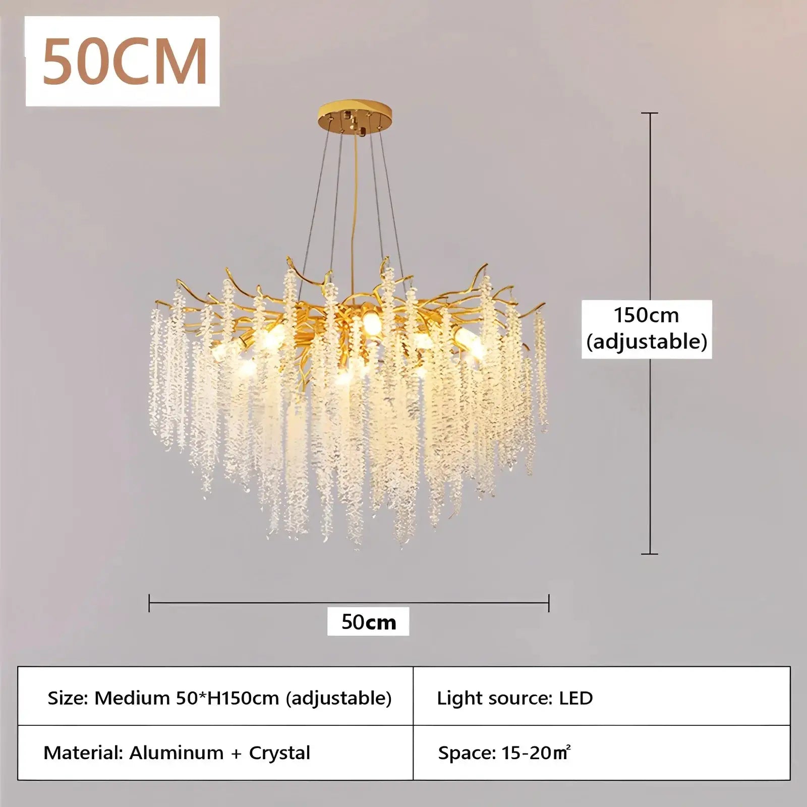 Simples Market crystal chandelier, gold metal pendant with hanging crystal strands, 50cm wide, LED