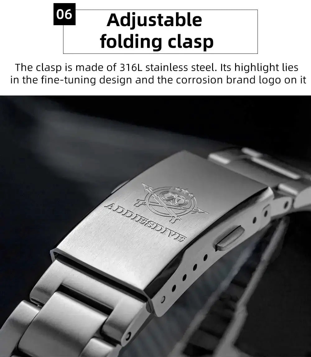 ADDIESDIVE men's analog watch with stainless steel bracelet; folding clasp with etched ADDIESDIVE logo