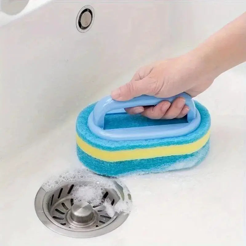 Sponge cleaning brush with handle; blue handle and blue-yellow sponge for tub and sink by Simples Market