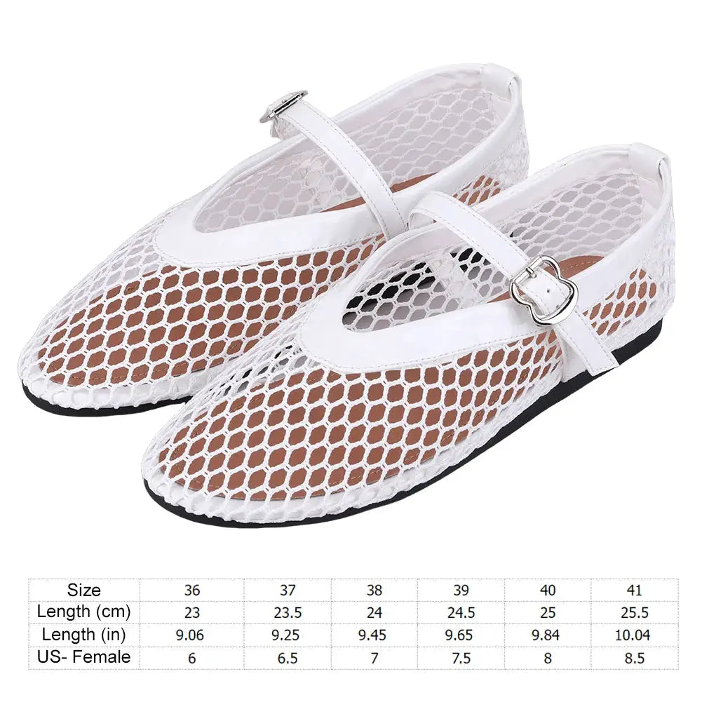 White fishnet mesh ballet flats for women with buckle strap, breathable slip-on shoes for commuting.