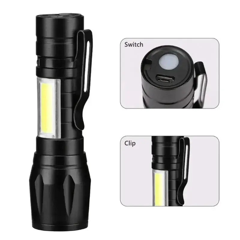 High Power LED Flashlight by Simples Market, black USB-rechargeable with pocket clip, 1000LM