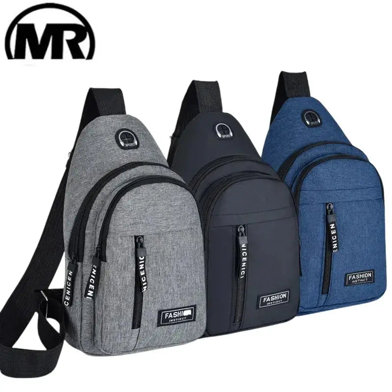 Chest bag set of three MR-logo sling bags in gray, black, and blue Oxford cloth.