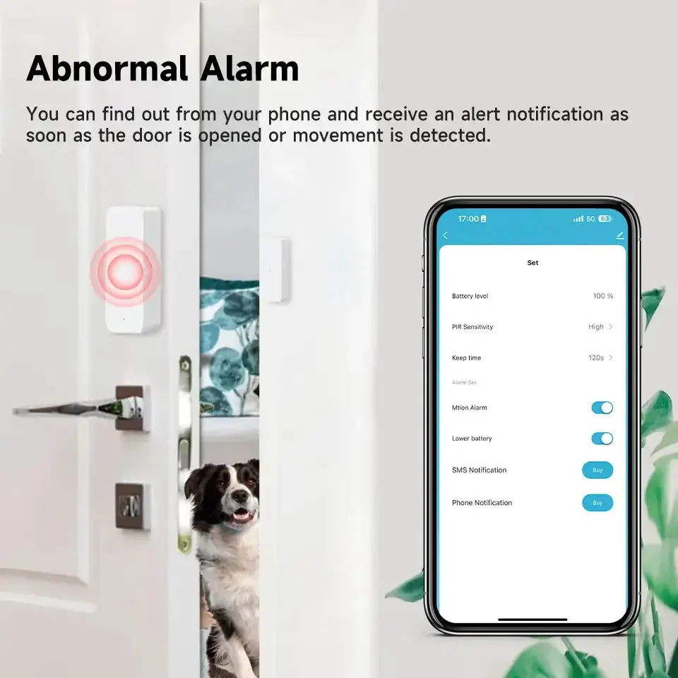 Simples Market Zigbee WiFi door/window entry sensor; white sensor on door frame with smartphone app UI