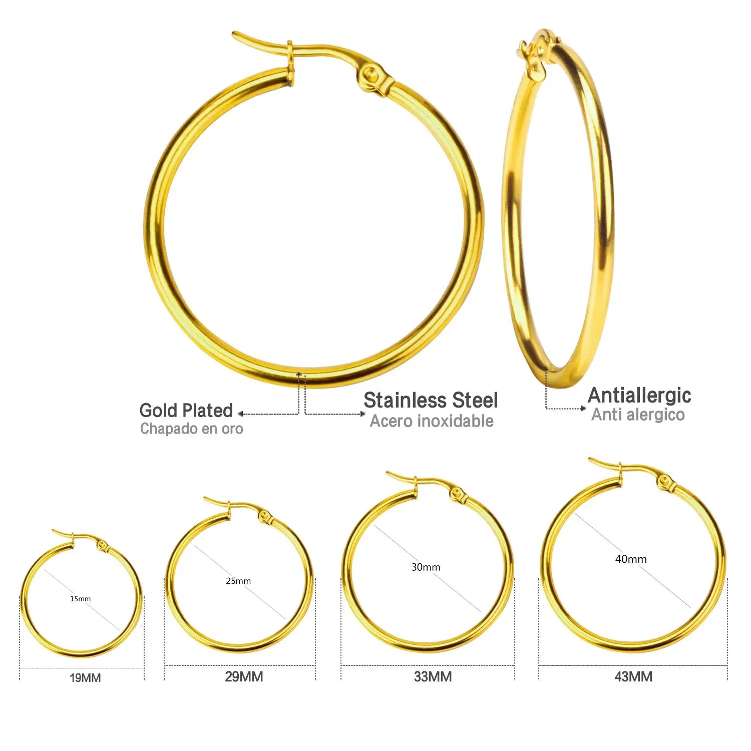 Gold color stainless steel hoop earrings by Simples Market in multiple sizes (19mm, 29mm, 33mm, 43mm)