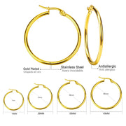 Gold color stainless steel hoop earrings by Simples Market in multiple sizes (19mm, 29mm, 33mm, 43mm)