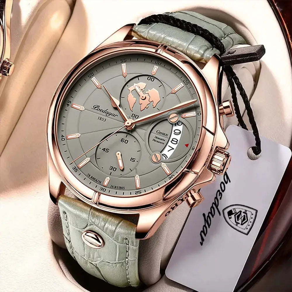 POEDAGAR sports chronograph men's watch with rose-gold case, grey dial, and leather strap by Simples Market