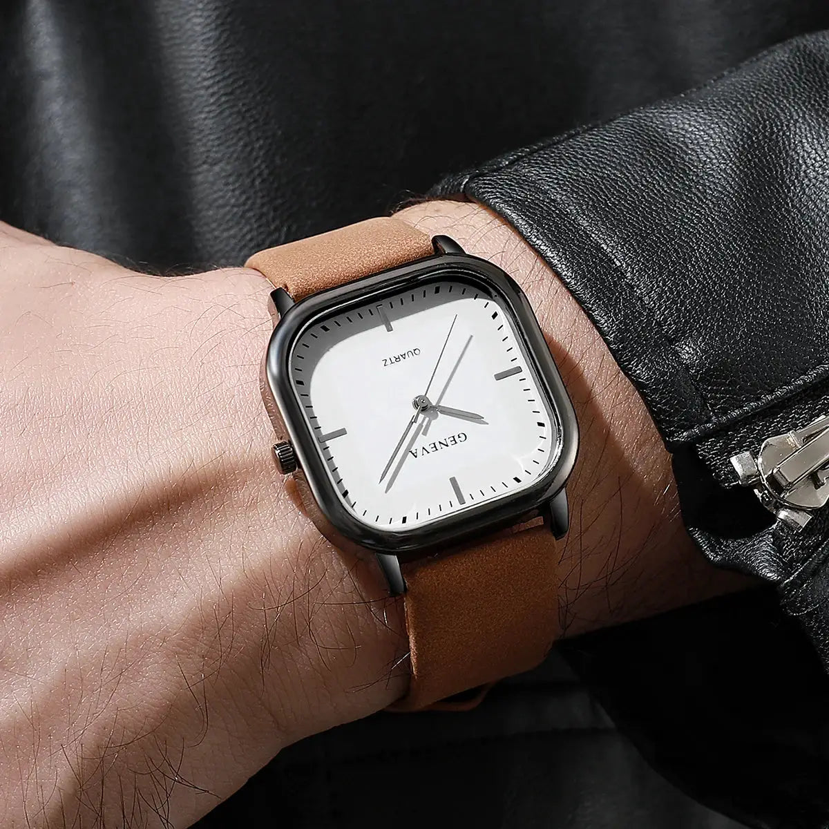Geneva square-dial men's watch with tan leather strap and black case