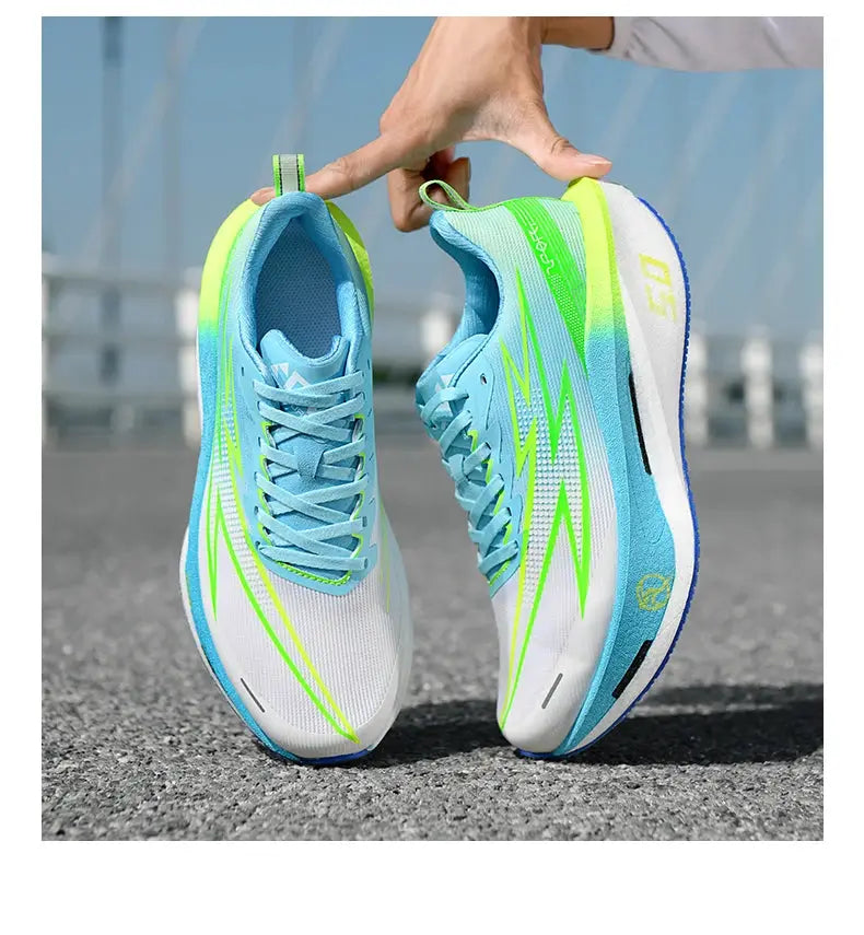 Pair of men's blue running shoes with neon lime accents and breathable mesh