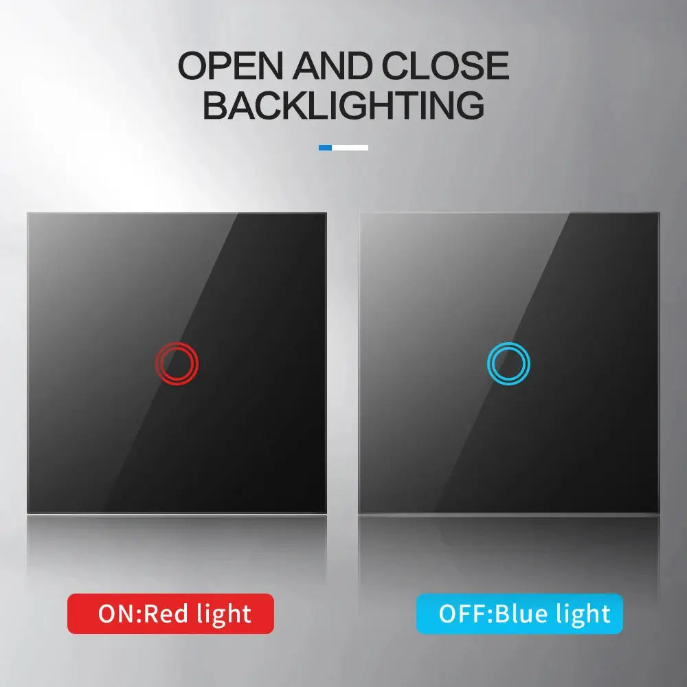 AXUS EU tempered crystal glass touch switch panel with backlit red/blue indicators, 1/2/3 gang