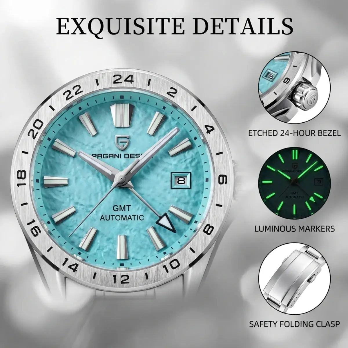 Pagani Design GMT automatic watch with turquoise dial, stainless steel case and bezel, date window, luminous markers.