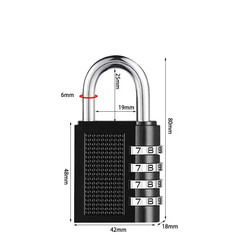 Zinc alloy four-digit combination padlock for luggage, black body with silver shackle and 4-dial wheels