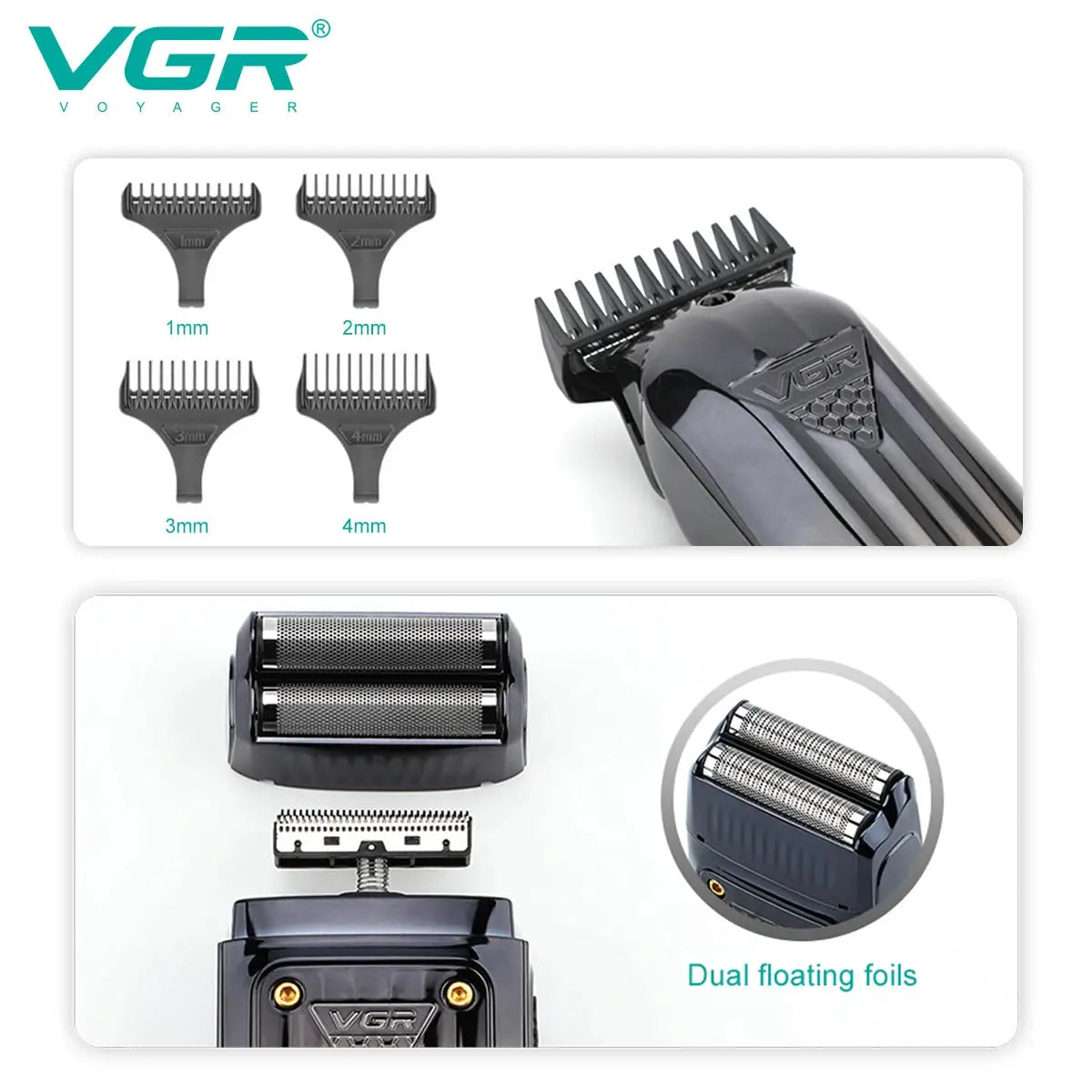 VGR 644 gradient hair clipper set by Simples Market with 1–4mm guards and dual floating foils shaver attachment.