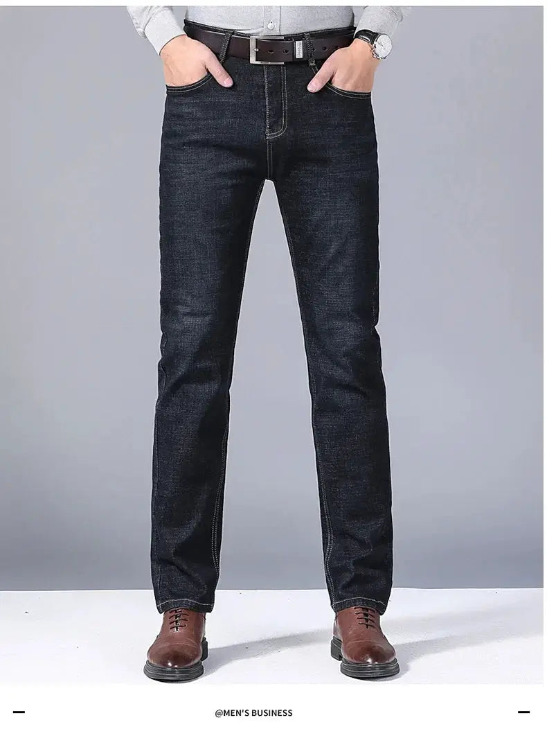 Men's dark indigo denim jeans, classic fit with contrast stitching