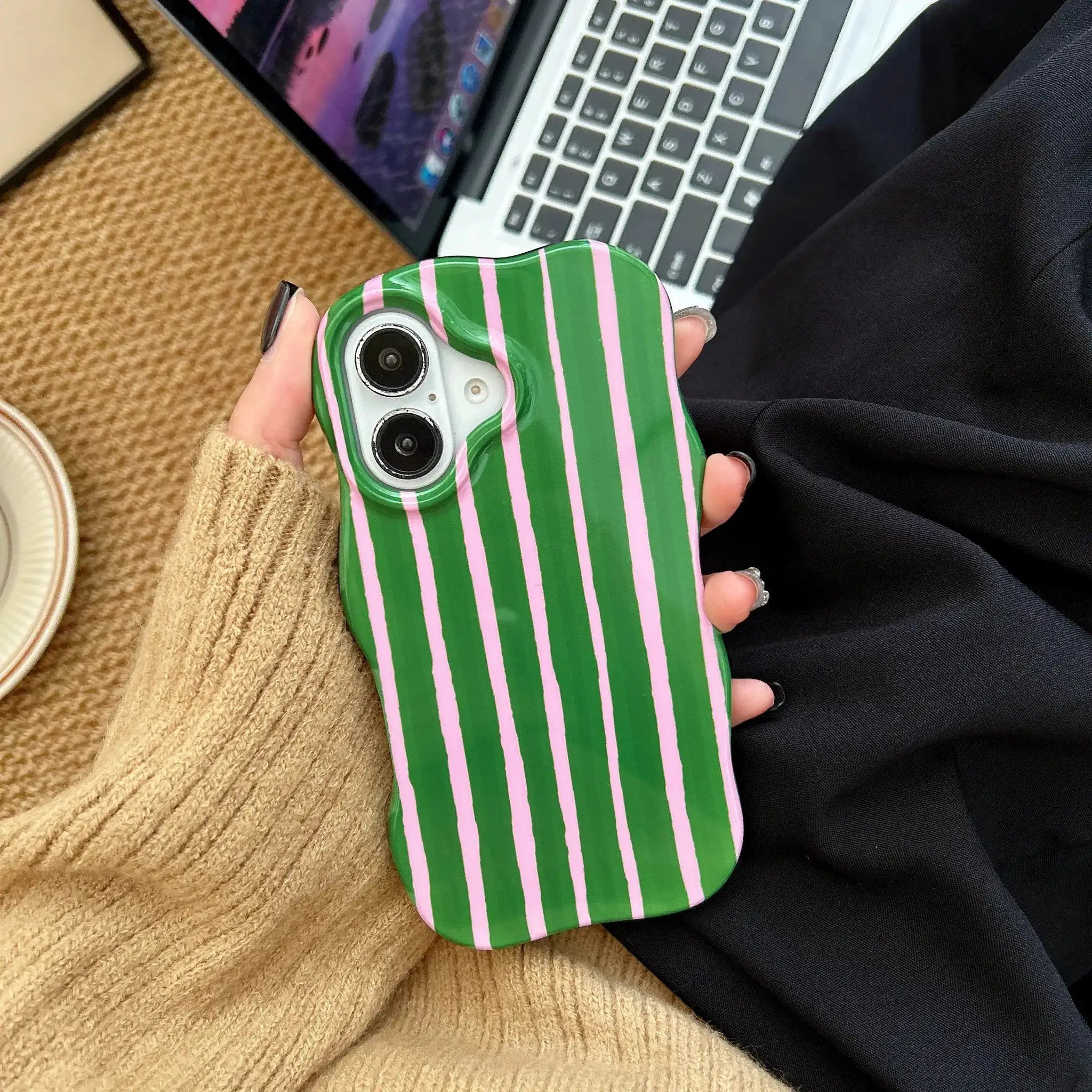 Fashion 2 In 1 Glossy Stripes Phone Case For iPhone 13 14 15 16 Pro Max With Wave Edges And Slim Hard Back Cover
