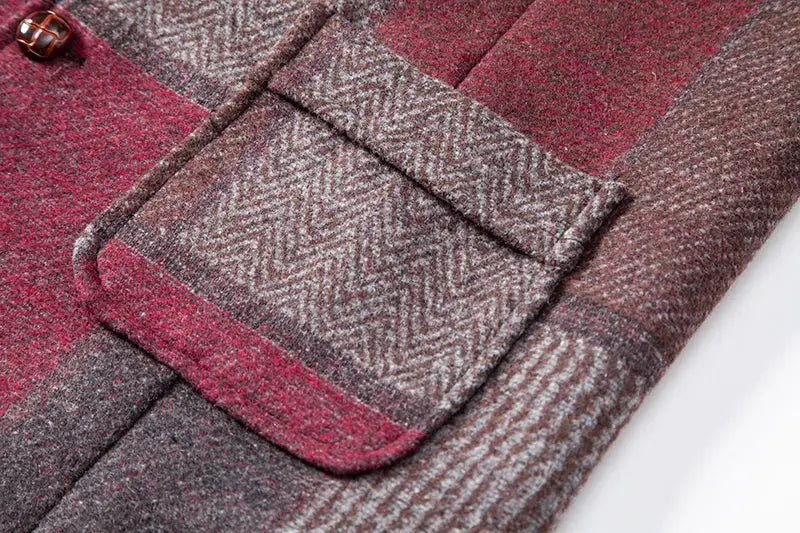 Men's tweed plaid waistcoat close-up with herringbone texture; Simples Market wedding groomsmen vest