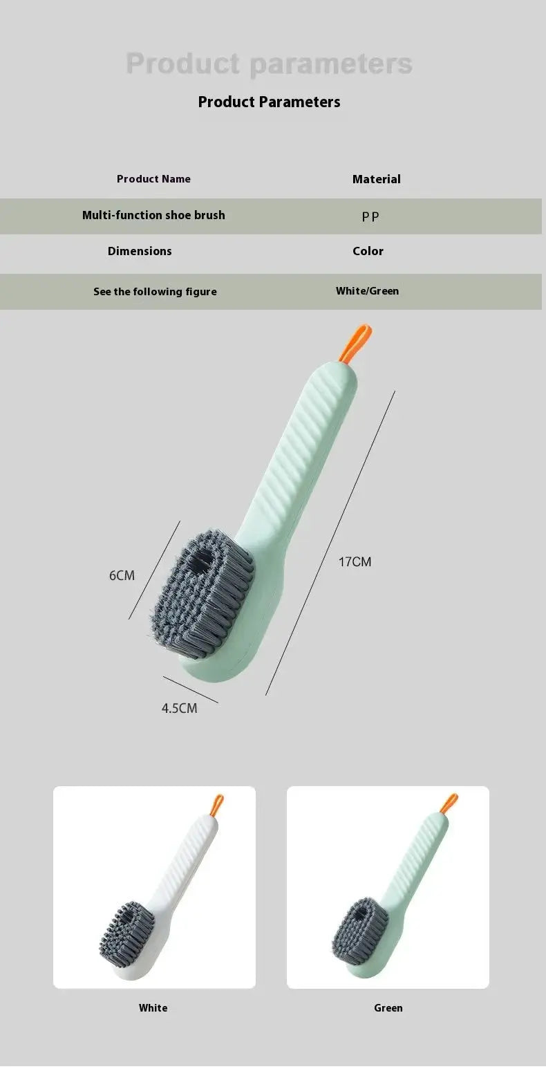 Simples Market multi-function shoe brush with mint green handle and grey bristles; orange loop, white or green variants.