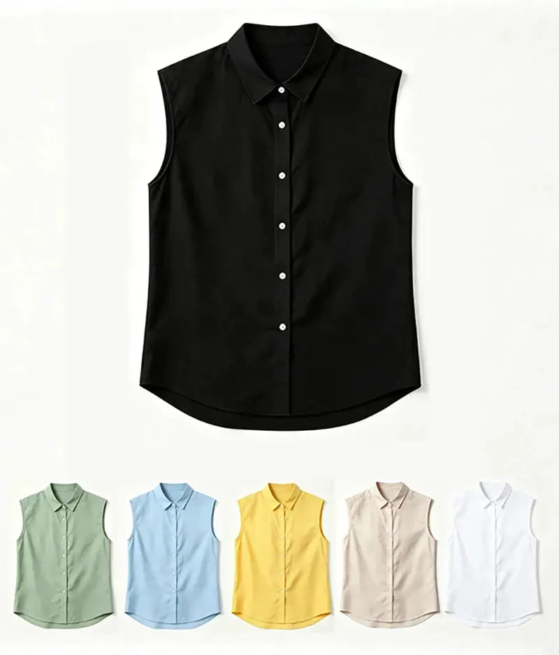 Simples Market men's sleeveless cotton-linen shirt, black with turn-down collar and button-up; six colorways