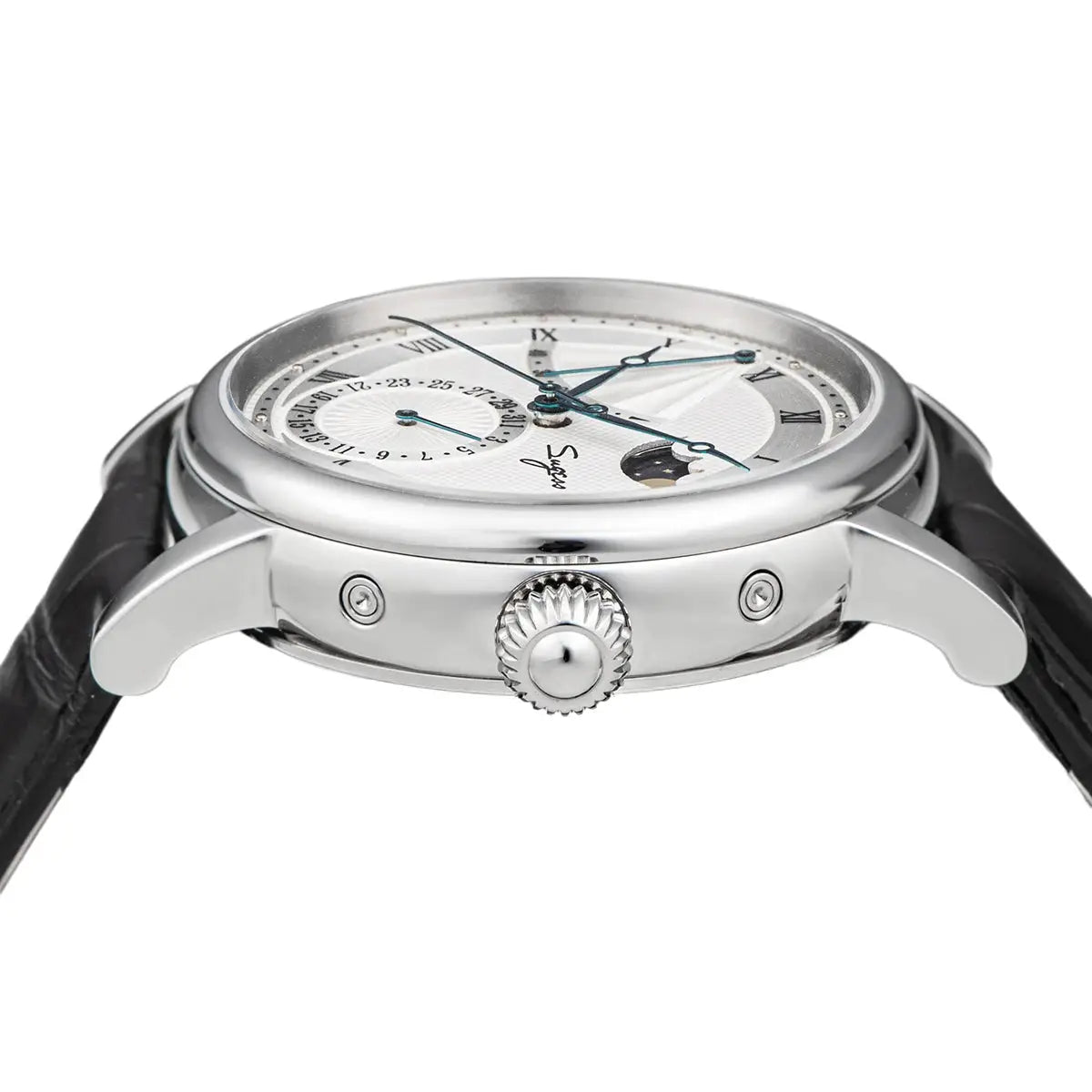 Sugess Moonphase men's watch; stainless steel case, white dial, blue hands, moonphase window, black leather strap