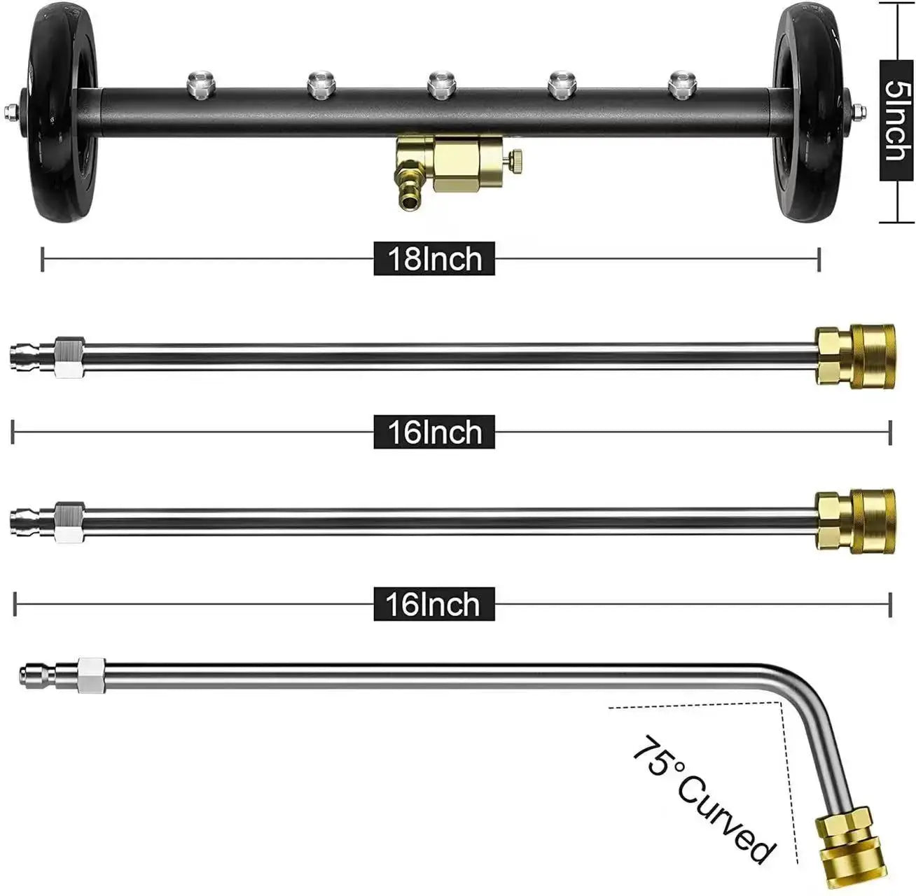 Simples Market 5000 PSI car chassis high-pressure washer kit; wheeled black frame with brass valve and 18in main rod plus 16in stainless extension wands