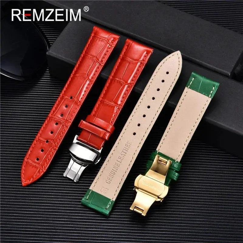 Remzeim Bamboo Pattern Genuine Leather Watch Strap First Layer Cowhide With Steel Butterfly Buckle 18mm 20mm 22mm 24mm