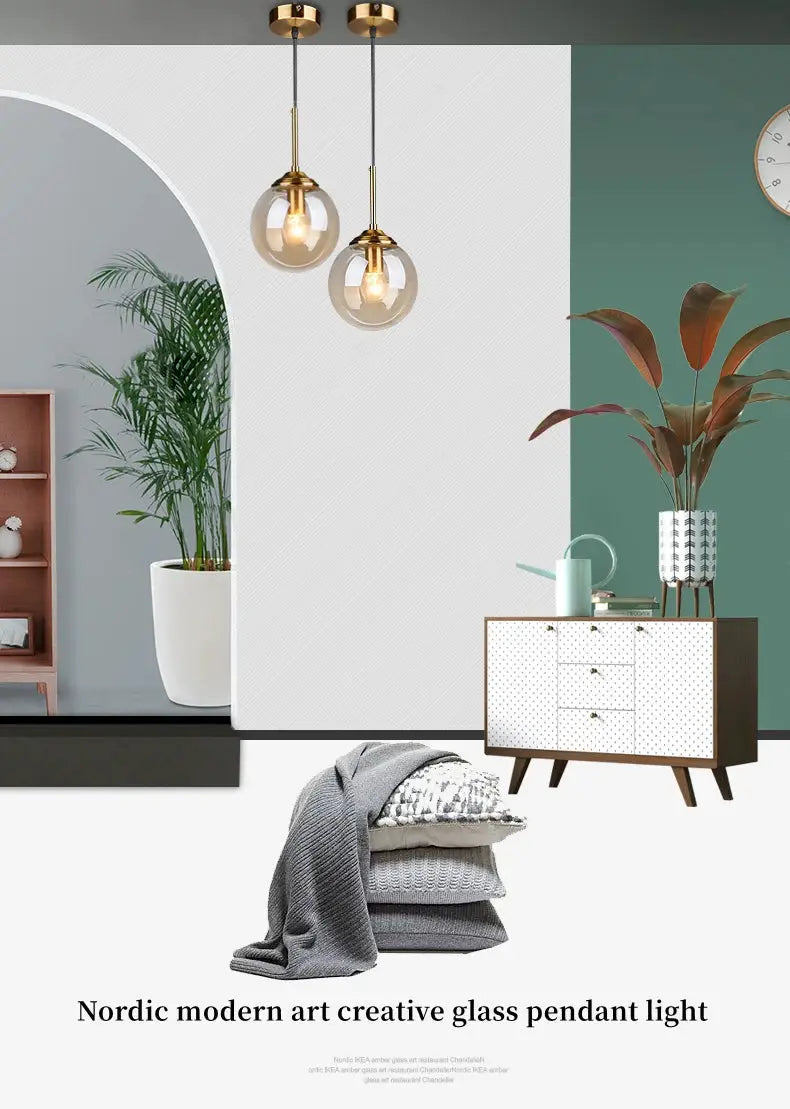 Modern luxury metal chandelier; two Nordic glass pendant lamps with clear globes and brass fittings