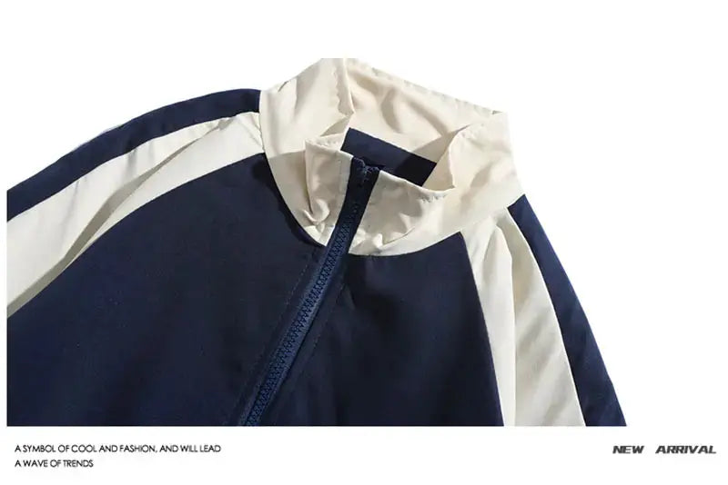 Hip Hop varsity windbreaker jacket, navy and white patchwork, zip front, Simples Market