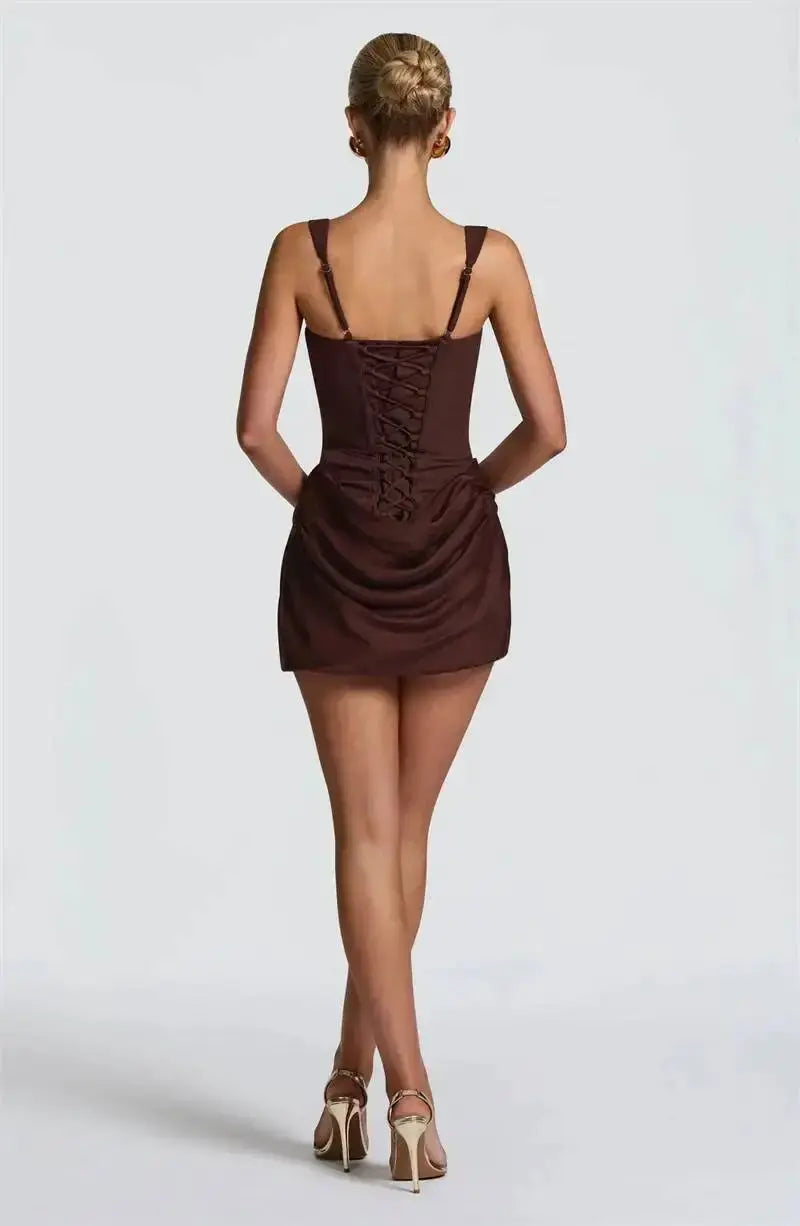Mozision Backless Ruched Mini Dress With Tapered Straps Square Collar