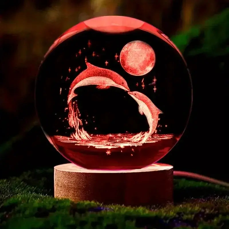 3D Dolphin Moon crystal ball lamp by Simples Market on a wooden base, red laser-etched marine sculpture.