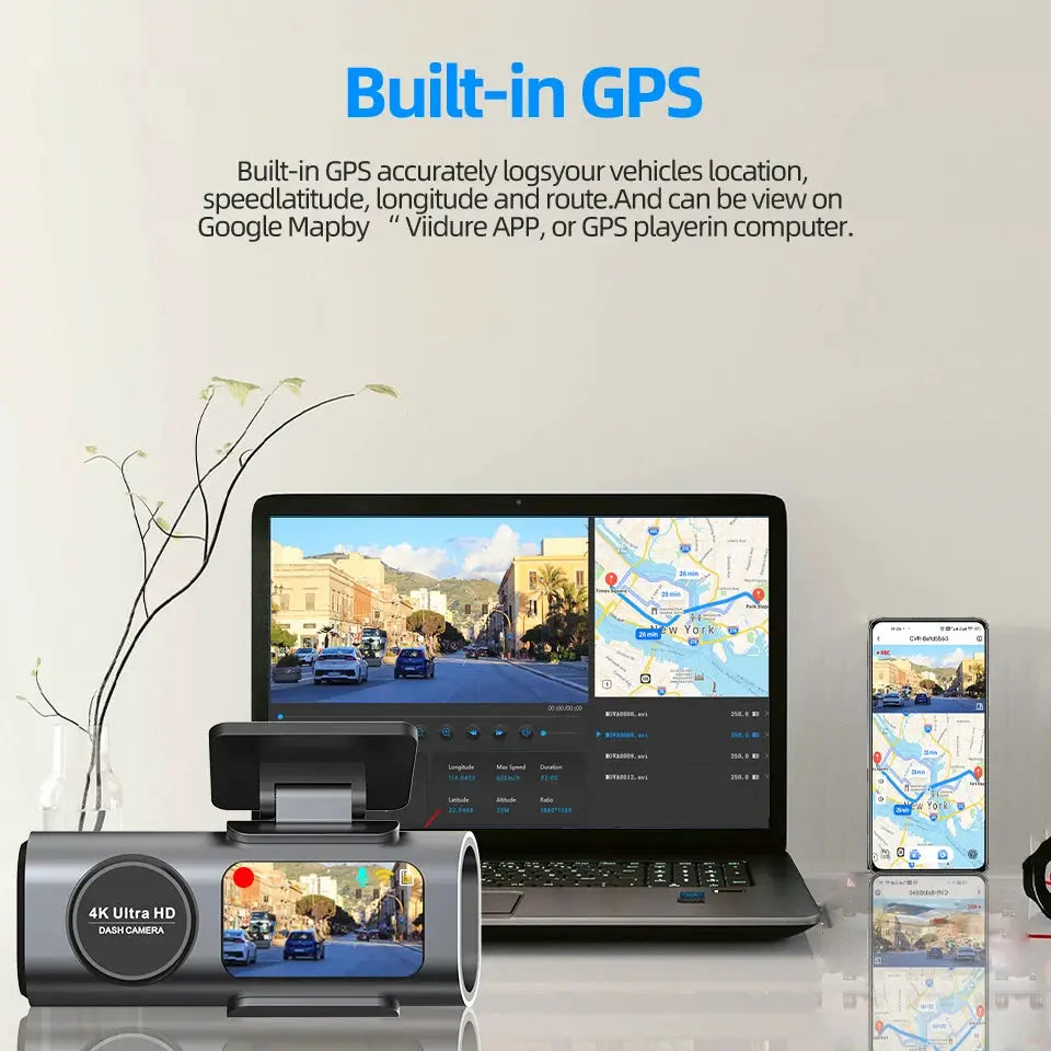 Dash Cam by Simples Market 4K GPS WiFi with optional rear lens, 24h night vision car DVR in black