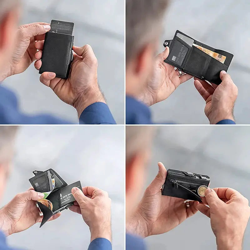 Pop-Up RFID-protected black genuine leather wallet with card slots, note compartment and coin pocket