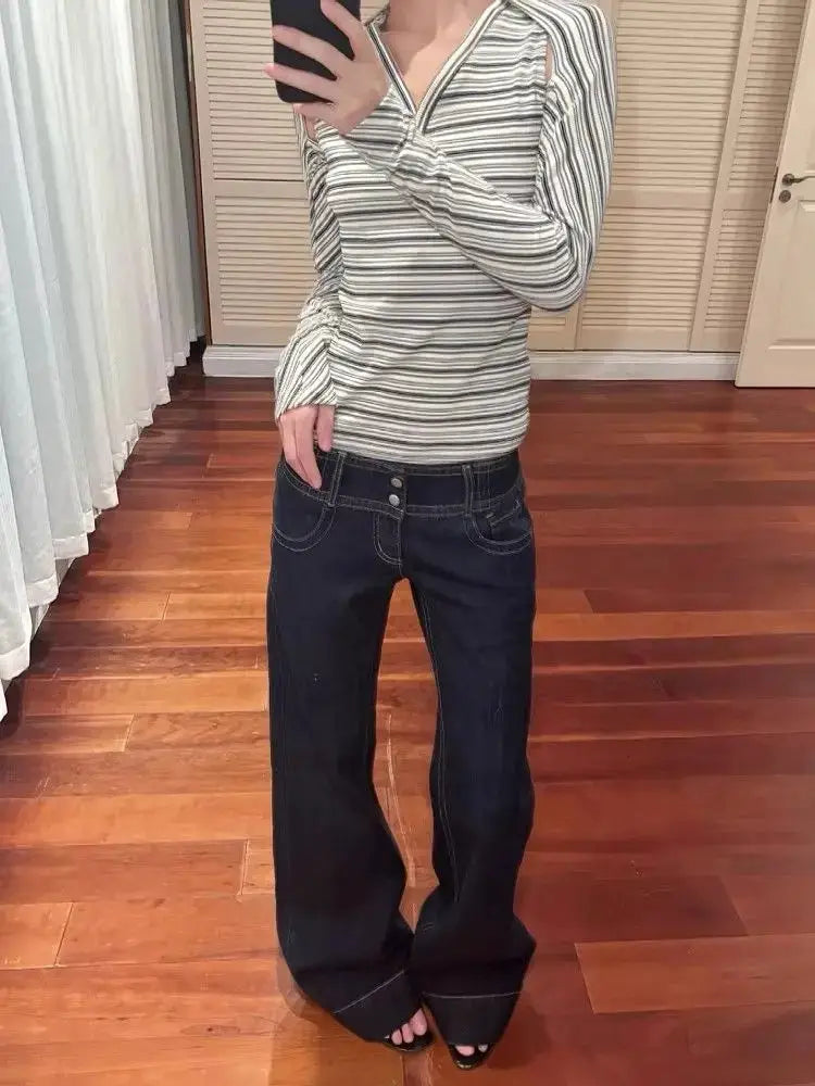 Women Denim Jeans Low Waist Straight Wide Leg Button Blue Y2K Style