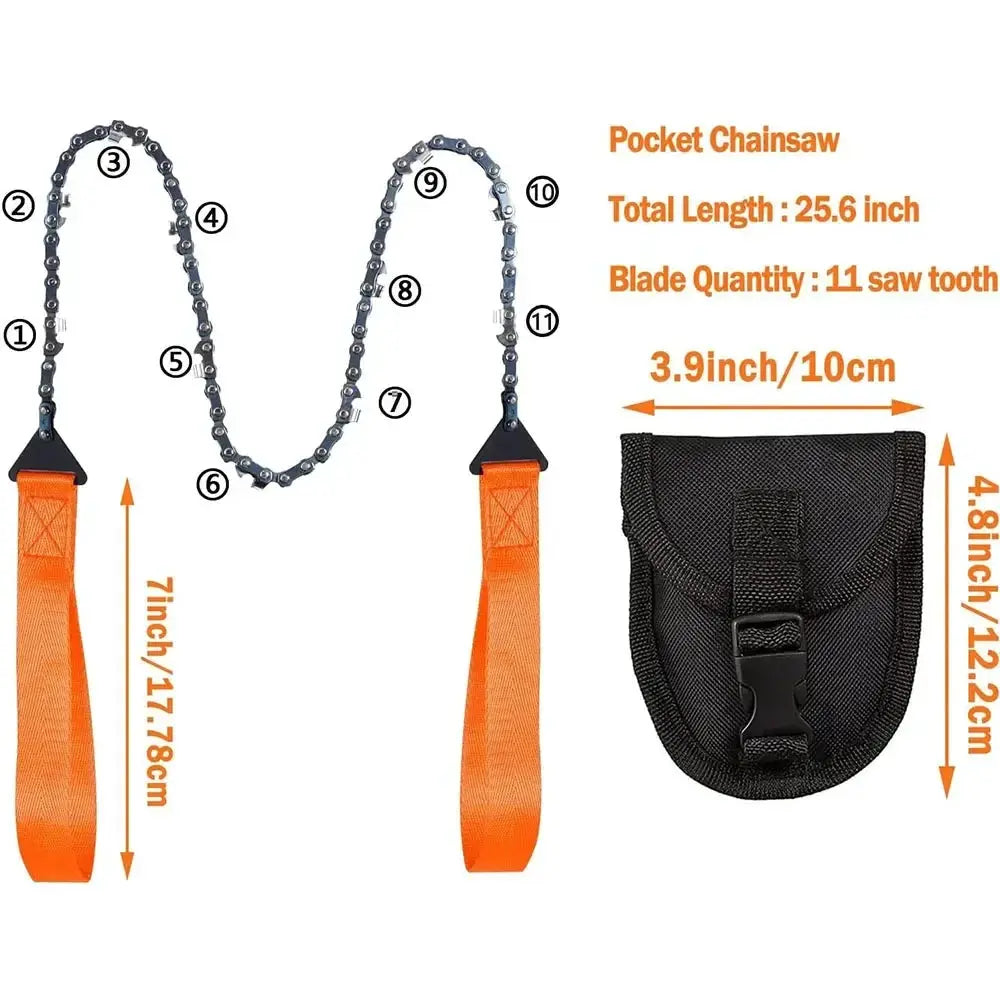 Simples Market pocket chainsaw kit with orange handles and black sheath for camping and emergencies