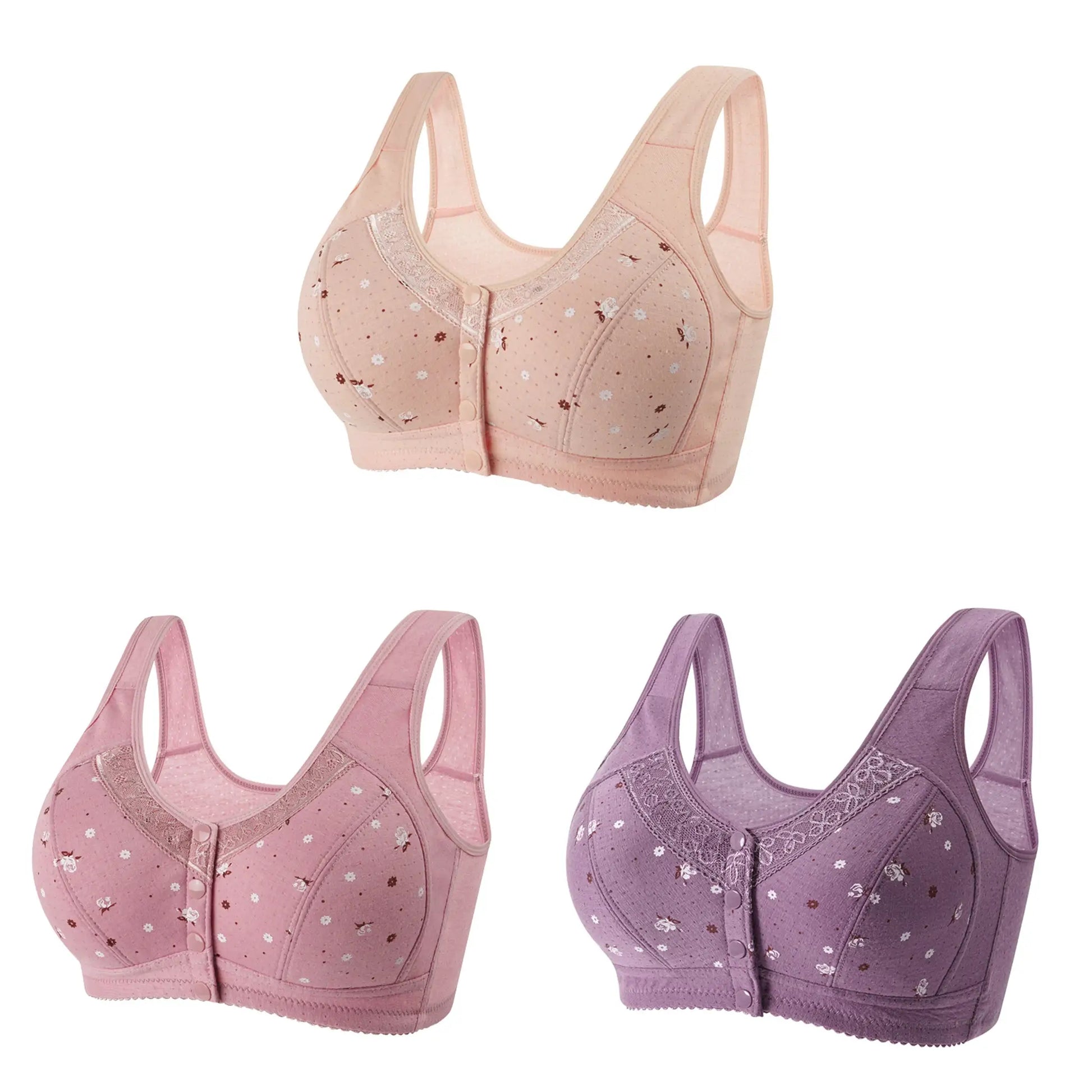 FallSweet 3Pcs Front Closure Bra set by Simples Market — seamless lace wireless bras in peach, pink, and purple.