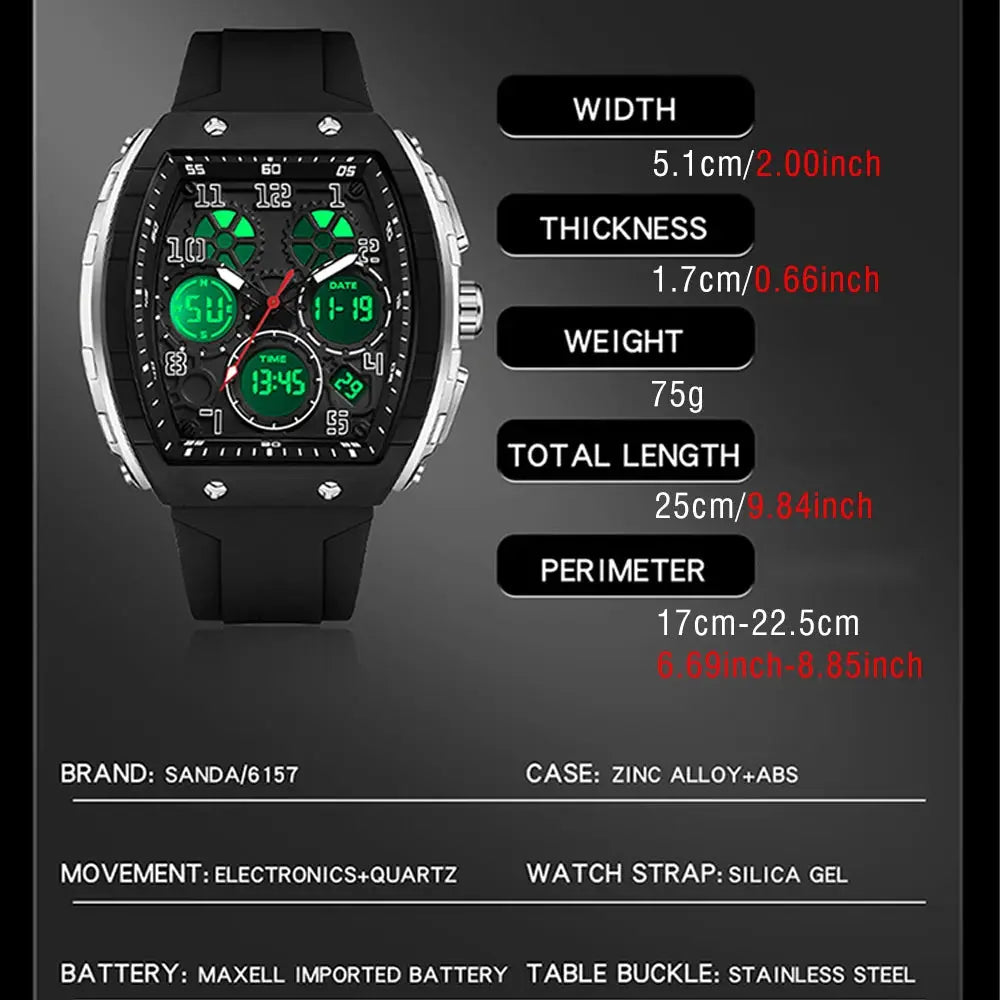 SANDA Tonneau Dial Digital Watch for Men Military Sport Dual Time Analog Digital LED Waterproof Wrist Clock