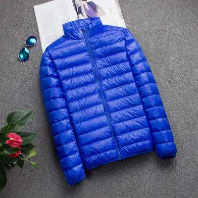 Men's blue hooded down jacket, ultralight puffer, slim fit