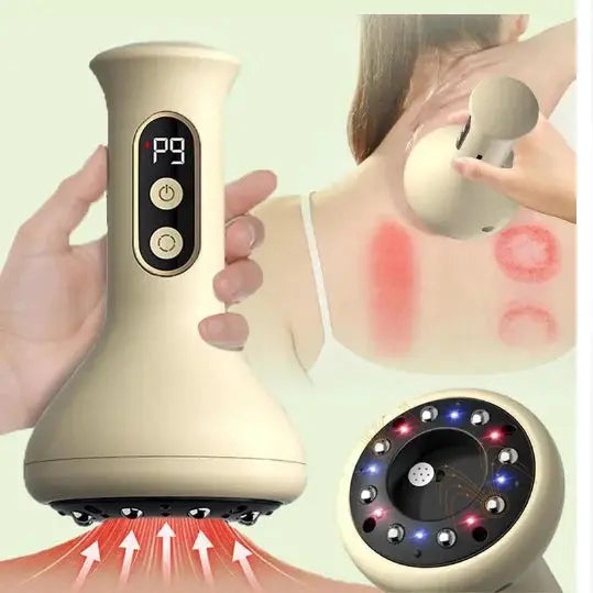 Simples Market USB rechargeable handheld abdominal massager with cupping head and digital display; beige color shown with back cupping marks