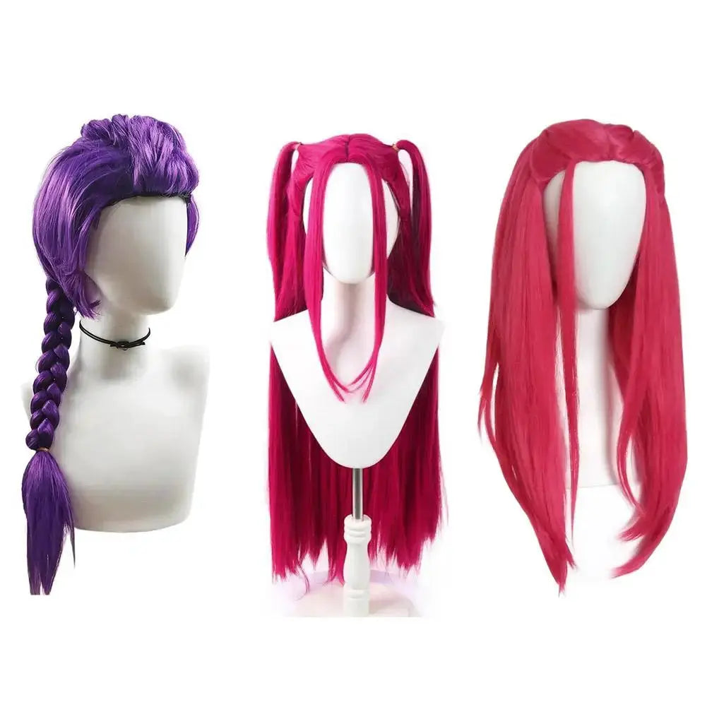 Cosplay wig set for kids by Simples Market: 3 colorful wigs—purple braided, pink twin-ponies, and long pink.