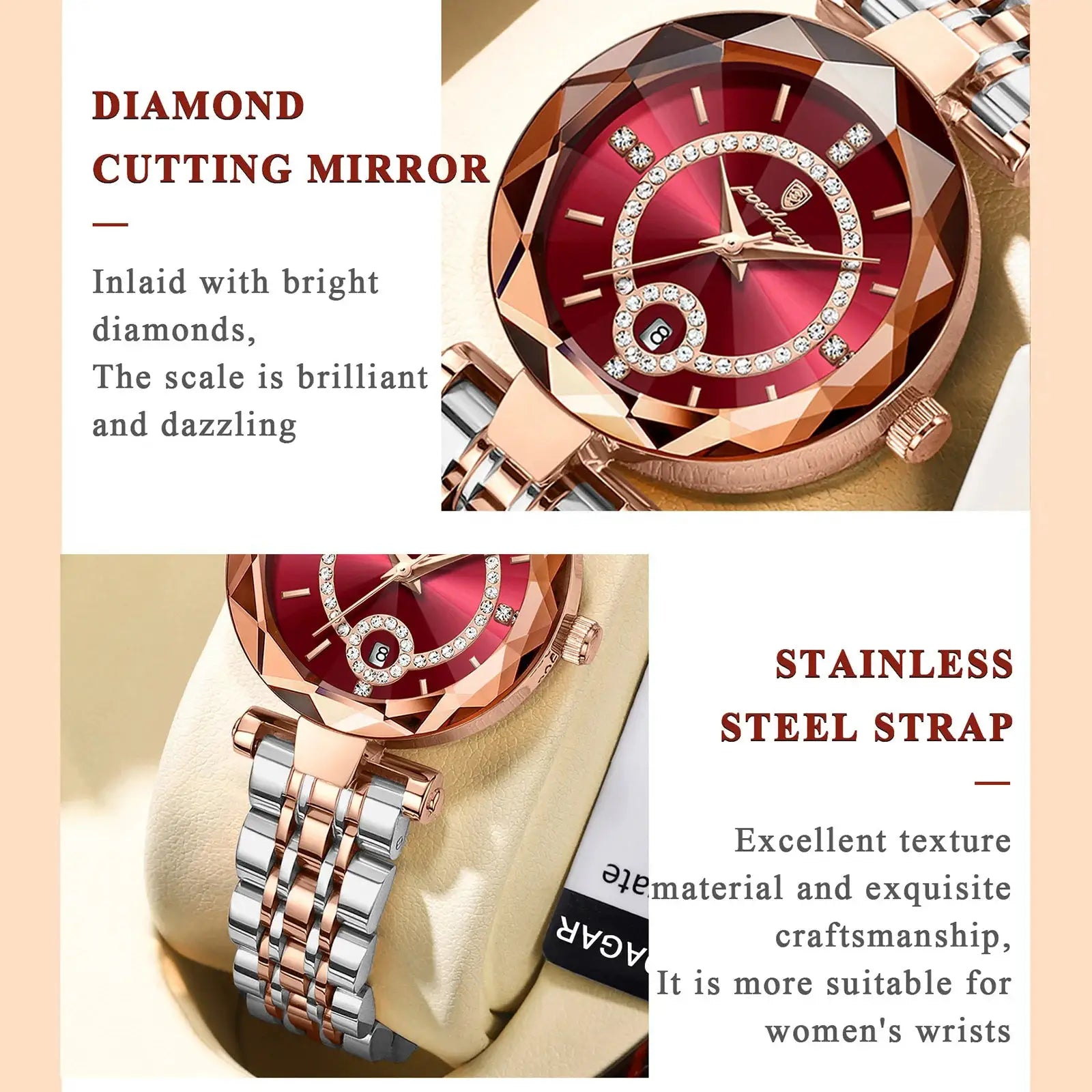 POEDAGAR women's wristwatch with red dial, crystal bezel, date quartz, two-tone rose gold and stainless steel bracelet
