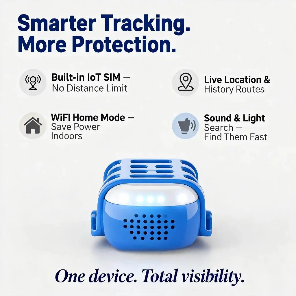 Blue GPS pet tracker for dogs and cats with built-in IoT SIM and WiFi tracking
