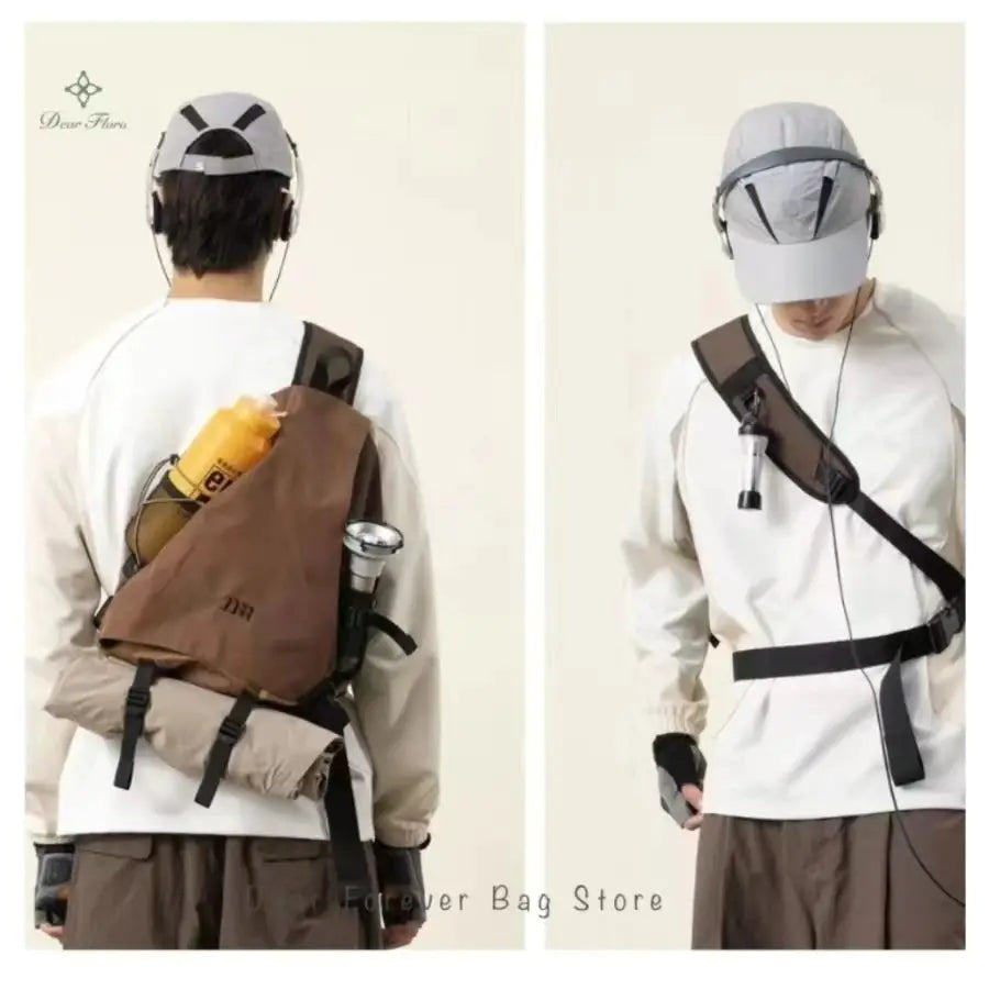 Unisex brown nylon crossbody bag by Dear Flora with bottle pocket and adjustable strap