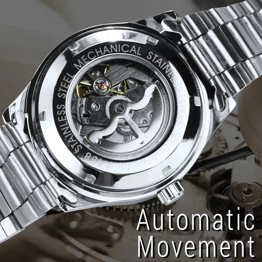 Men's stainless steel automatic watch with transparent case back showing movement; silver bracelet.