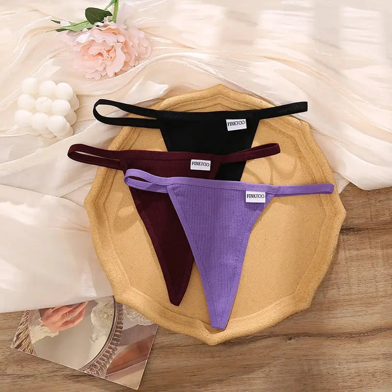 3-pack women’s thong underwear set in black, burgundy, lavender; FINETOO cotton seamless low-rise