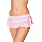 Pink mini skirt with layered ruffle hem, low-waist design for women, soft fabric, cute schoolgirl style