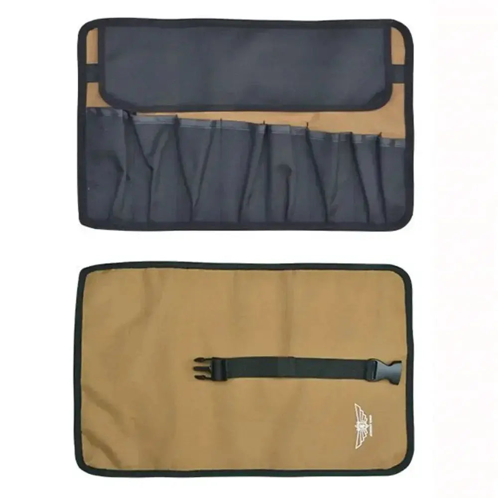 Simples Market tool roll pouch with Oxford cloth, tan interior, multiple pockets and strap